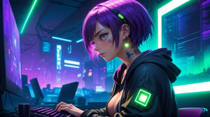 1female,2 hands, sexy eyes, short hair,purple hair with white tufts, large breasts:1.4, gorgeous breasts, tattoo on neck,light gold eyes,High detailed ,game room concept,playing at computer,hacking, purple lights, light green lights, profile view,black hoodie,hood raised with hair visible,soft lights, window city lights background, night_time outside,night_sky, planets,stars, dark atmosphere, cyberpunk room, cyberpunk lights,neck tattoo,
,Futuristic room, left hand on keyboard, right hand on mouse,anime