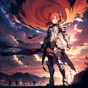 (illustration),anime,flat color,mature girl, adult , (wearing armor),realistic ,effect,fantasy,plated armor, heavy armor, full body view, red sky, cinematic light, high resolution, cinematic detail, high definition