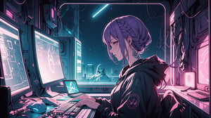 1female,2 hands, sexy eyes, short hair purple hair with white tufts, short braids, cap, large breasts:1.4, gorgeous breasts, tattoo on neck,electric pink eyes,High detailed ,game room concept,playing at computer,hacking, purple lights, light green lights, profile view,black hoodie,hood raised with hair visible,soft lights, window city lights background, night_time outside,night_sky, planets,stars, dark atmosphere, cyberpunk room, cyberpunk lights,neck tattoo,
,Futuristic room, left hand on keyboard, right hand on mouse,anime