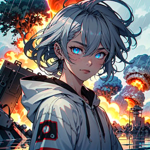 (((masterpiece))),best quality, illustration,(beautiful detailed man),beautiful detailed glow,((flames of war)),(((nuclear explosion behide))),rain,detailed lighting,detailed water,(beautiful detailed eyes),expressionless,palace,azure hair,disheveled hair,long bangs,hairs between eyes,(whitegrey dress),black ribbon,white hoodie,