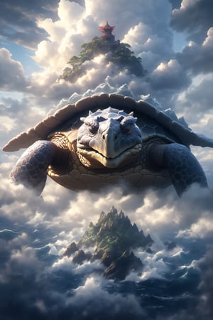 Hyperrealistic art BJ_Sacred_beast,earth turtle, dragon head, with island as shell, full body,run,suspension,outdoors,sky,day,cloud,water,dark_sky,ocean,cloudy_sky,cinematic lighting,strong contrast,high level of detail,Best quality,masterpiece,, . Extremely high-resolution details, photographic, realism pushed to extreme, fine texture, incredibly lifelike, 