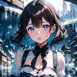 (((masterpiece))),best quality, illustration,(beautiful detailed girl),beautiful detailed glow,detailed ice,beautiful detailed water,(beautiful detailed eyes),expressionless,(floating palaces),azure hair,disheveled hair,long bangs, hairs between eyes,(skyblue dress),black ribbon,white bowties,midriff,{{{half closed eyes}}},big forhead,blank stare,flower,large top sleeves