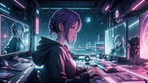 1female,2 hands, sexy eyes, short hair purple hair with white tufts, short braids, cap, large breasts:1.4, gorgeous breasts, tattoo on neck,electric pink eyes,High detailed ,game room concept,playing at computer,hacking, purple lights, light green lights, profile view,black hoodie,hood raised with hair visible,soft lights, window city lights background, night_time outside,night_sky, planets,stars, dark atmosphere, cyberpunk room, cyberpunk lights,neck tattoo,
,Futuristic room, left hand on keyboard, right hand on mouse,anime