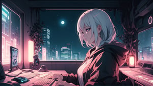 1female,2 hands, sexy eyes, short hair, white hair,hair with short black braids, cap, large breasts:1.4, gorgeous breasts, tattoo on neck, electric pink eyes,High detailed ,game room concept,playing at computer,hacking, purple lights, light green lights, profile view,black hoodie,hood raised with hair visible,soft lights, window city lights background, night_time outside,night_sky, planets,stars, dark atmosphere, cyberpunk room, cyberpunk lights,neck tattoo,
,Futuristic room, left hand on keyboard, right hand on mouse,anime