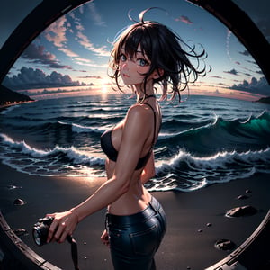 xxmix_girl,a woman takes a fisheye selfie on a beach at sunset, the wind blowing through her messy hair. The sea stretches out behind her, creating a stunning aesthetic and atmosphere with a rating of 1.2.,xxmix girl woman