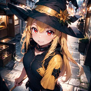 overhead angle shot,Red eyes, evil, golden, shiny, gold hair,High detailed ,midjourney,perfecteyes,Color magic,urban techwear,hmochako,better witch,witch, witch,Long hair ,long hair
