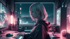 1female,2 hands, sexy eyes, short hair, white hair, large breasts:1.4, gorgeous breasts, tattoo on neck,light green eyes,High detailed ,game room concept,playing at computer,hacking, purple lights, light green lights, profile view,black hoodie,hood raised with hair visible,soft lights, window city lights background, night_time outside,night_sky, planets,stars, dark atmosphere, cyberpunk room, cyberpunk lights,neck tattoo,
,Futuristic room, left hand on keyboard, right hand on mouse