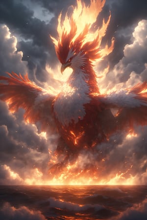 Hyperrealistic art BJ_Sacred_beast,phoenix, flame bird, angry expression, full all body,run,suspension,outdoors,night,cloud,magma,storm_sky,ocean,cloudy_sky,cinematic lighting,strong contrast,high level of detail,Best quality,masterpiece,, . Extremely high-resolution details, photographic, realism pushed to extreme, fine texture, incredibly lifelike, leggendary