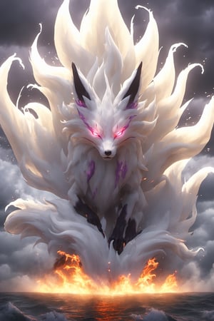 Hyperrealistic art BJ_Sacred_beast, flame ninetails fox, purple eyes,flying, angry expression,full body,run,suspension,outdoors,night,fire,storm_sky,ocean,cloudy_sky,cinematic lighting,strong contrast,high level of detail,Best quality,masterpiece,, . Extremely high-resolution details, photographic, realism pushed to extreme, fine texture, incredibly lifelike, leggendary