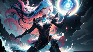 Hyperrealistic art ,1girl,high definited face, hd, yellow eyes,light pink and blu hairs,electric powers,magic circles,full body,suspension,outdoors,night,storm_sky,ocean,thunders_sky,cinematic lighting,strong contrast,high level of detail,Best quality,masterpiece,, . Extremely high-resolution details, anime, realism pushed to extreme, fine texture, incredirybly ,beautifull body,high definited muscles,big tits, tiny dress, tiny bra, ,High detailed ,all body view,splash, planet, cristal fragment, target focus girl,tiny armor