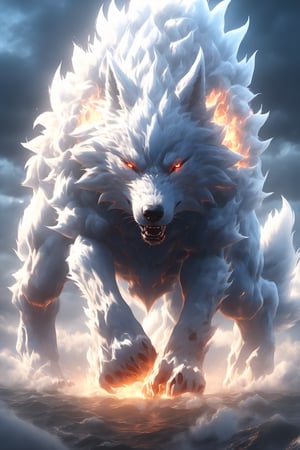 Hyperrealistic art BJ_Sacred_beast, wolf, light blue flame, angry expression, ouling, full all body,run,suspension,outdoors,night,cloud,magma,storm_sky,ocean,cloudy_sky,cinematic lighting,strong contrast,high level of detail,Best quality,masterpiece,, . Extremely high-resolution details, photographic, realism pushed to extreme, fine texture, incredibly lifelike, leggendary