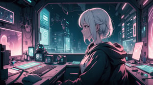 1female,2 hands, sexy eyes, short hair, white hair,hair with short black braids, cap, large breasts:1.4, gorgeous breasts, tattoo on neck, electric pink eyes,High detailed ,game room concept,playing at computer,hacking, purple lights, light green lights, profile view,black hoodie,hood raised with hair visible,soft lights, window city lights background, night_time outside,night_sky, planets,stars, dark atmosphere, cyberpunk room, cyberpunk lights,neck tattoo,
,Futuristic room, left hand on keyboard, right hand on mouse,anime