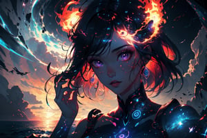 Hyperrealistic art, 1girls,magician,high definite face, hd, purple eyes,red hair,flame powers,magic circles,full body,suspension,outdoors,night,storm_sky,ocean,cinematic lighting,strong contrast,high level of detail,Best quality,masterpiece,, . Extremely high-resolution details, anime, realism pushed to extreme, fine texture, incredirybly lifelike,beautifull body,high definited muscles,mediumtits, tiny dress, tiny bra, ,High detailed 