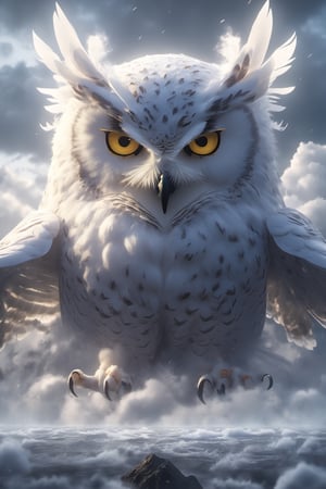 Hyperrealistic art BJ_Sacred_beast, owl, yellow eyes,flying, angry expression, full all body,run,suspension,outdoors,night,cloud,ice,storm_sky,ocean,cloudy_sky,cinematic lighting,strong contrast,high level of detail,Best quality,masterpiece,, . Extremely high-resolution details, photographic, realism pushed to extreme, fine texture, incredibly lifelike, leggendary
