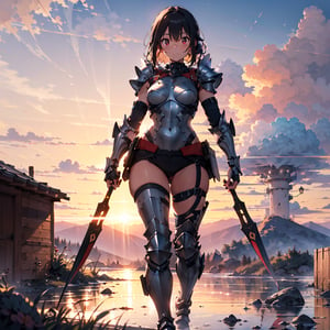 (carta da parati CG unity 8k estremamente dettagliato), (((capolavoro))), (((migliore qualità))), ((ultra-dettagliato)), (migliore illustrazione), (migliore ombra)(illustration),anime,flat color,mature girl, adult , (wearing armor),realistic ,effect,fantasy,plated armor, heavy armor, full body view, red sky, cinematic light, high resolution, cinematic detail, high definition