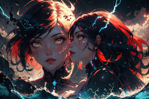 Hyperrealistic art, 2girls,magician,high definite face, hd, yellow eyes,red hair,electric powers,magic circles,full body,suspension,outdoors,night,storm_sky,ocean,thunders_sky,cinematic lighting,strong contrast,high level of detail,Best quality,masterpiece,, . Extremely high-resolution details, anime, realism pushed to extreme, fine texture, incredirybly lifelike,beautifull body,high definited muscles,mediumtits, tiny dress, tiny bra, ,High detailed 