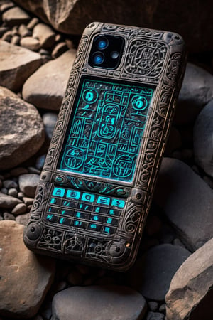 highly detailed close-up of an ancient smartphone, ornate glyphs intricately carved,  glowing with faint neon luminescence, juxtaposed against rough carved stone background, cracked screen