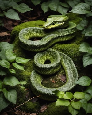 An ais-ivy serpent, slithering through a bed of sculpted ivy leaves, rests its head near a mossy rock within a clearing. 