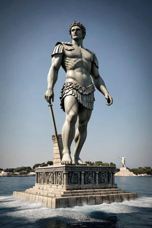 mad-hecke of (((enormous foot)) of antique statue of Colossus of Rhodes), a statue in the middle of a body of water, a digital rendering by Luis Molinari, reddit, renaissance, colossus of rhodes, the colossus of rhodes, the god poseidon, small commercial caravels sailing, (masterpiece:1.2), best quality, (hyperdetailed, highest detailed:1.2), high resolution textures