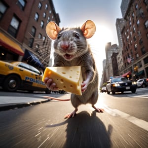 rat holding cheese is (running:1.05) to the viewer, (motion blur:1.1), (police running:1.2), (dynamic:1.1), sun rays, newyork, (taken by go pro:1.3), (taken by 7.5mm fisheye lens:1.1)