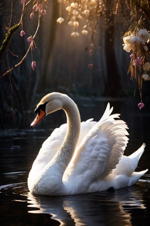 award-winning photography of a ral-smlvltnpls swan with graceful elegance, glowing, whimsical, enchanted, magical, fantasy art concept, intricate details, masterpiece, best quality, realism, hyper realistic, 