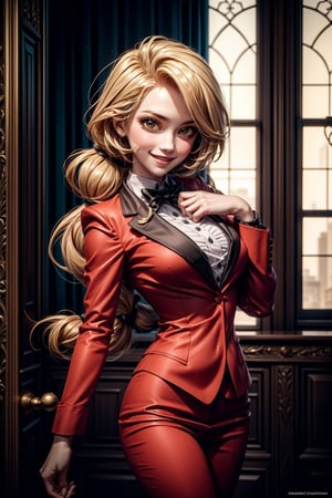 (masterpiece, best quality:1.2), , cowboy shot, solo, 1girl, charlie morningstar, smile, looking at viewer, red suit,charlie morningstar, long hair, suit, Blazer hem,hands, Long hair above waist, hair tie