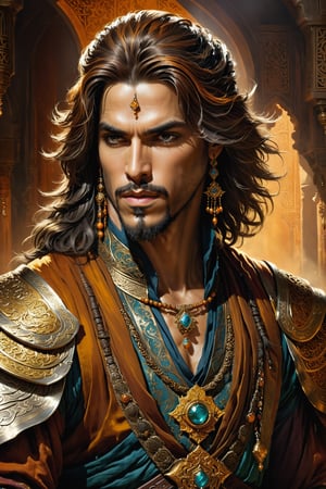 Prince of Persia, 1male Arabian warrior, cowboy_shot, insanely nice professional hair style, dramatic hair color, digital painting, of a old 17th century, old cyborg merchant, amber jewels, Chinese Three Kingdoms, baroque, ornate clothing, scifi, realistic, hyperdetailed, chiaroscuro, concept art, art by Franz Hals and Jon Foster and Ayami Kojima