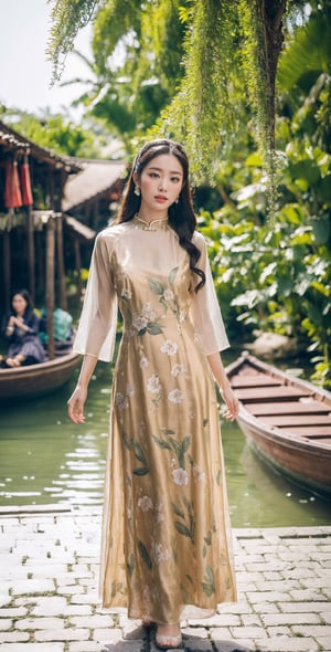 A stunning young woman wearing a vibrant Vietnam traditional dress, standing gracefully in front of a breathtaking backdrop that showcases the natural beauty of Vietnam. The dress is intricately designed with rich colors and intricate patterns, highlighting the elegance of Vietnam culture. The background features lush tropical foliage, colorful blossoms, and perhaps a serene traditional Vietnam temple or a picturesque Vietnam floating market. The image captures the beauty and grace of the woman, the vibrant essence of the dress, and the enchanting allure of Vietnam's natural surroundings. (((ideal_human_physical_structure))), aodai,More Detail,aodai