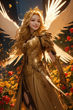 ((masterpiece,best quality)), absurdres, solo_female, blonde hair, hair ornament, gloves, light smile, looking at viewer, cowboy shot, flower garden, cinematic composition, dynamic pose,More Detail,angel
