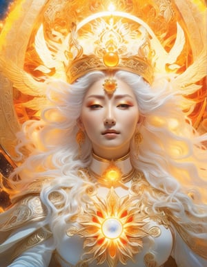 a close up of a woman with white hair flame head, portrait of queen of light, extremely detailed goddess shot, goddess art, npc with a saint\'s halo, by Hidari Jingorō, goddess cowboy shot, goddess of light, angelic halo, epically luminous image, npc with a saint's halo, celestial aura, bright divine lighting, Goddess of life