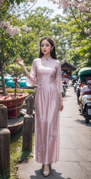 A stunning young woman wearing a vibrant Vietnam traditional dress, standing gracefully in front of a breathtaking backdrop that showcases the natural beauty of Vietnam. The dress is intricately designed with rich colors and intricate patterns, highlighting the elegance of Vietnam culture. The background features lush tropical foliage, colorful blossoms, and perhaps a serene traditional Vietnam temple or a picturesque Vietnam floating market. The image captures the beauty and grace of the woman, the vibrant essence of the dress, and the enchanting allure of Vietnam's natural surroundings. aodai,More Detail,CherryBlossom_background