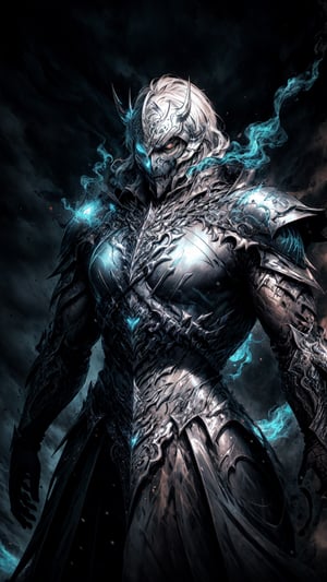 the Lich King((men)), by Hajime Isayama, digital art, fantasy character, dark fantasy, armor, menacing pose, icy background, detailed illustration, epic battle, cold blue tones, intricate design, fearsome expression --v 4 --q 2 --stylize 1000,snow villiers