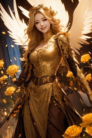 ((masterpiece,best quality)), absurdres, solo_female, blonde hair, hair ornament, gloves, light smile, looking at viewer, cowboy_shot, flower garden, cinematic composition, dynamic pose,More Detail,angel