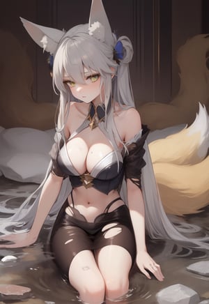 injured woman ,torn dirty clothes,nine tails,fox ears, silver hair,crystal and silver entanglement