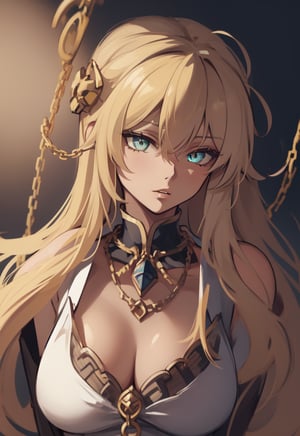 1 girl closeup on face, beautiful and aesthetic, splendid, masterpiece, best quality, fantastic atmosphere, Calming, calm palette, soft shading, priestess with many chains around the body