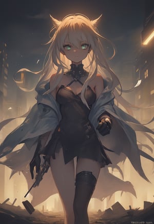 Amidst the flickering neon lights of a dystopian cityscape, a lone girl stands stoically, bathed in the harsh glow of a malfunctioning streetlamp. This haunting photograph captures the essence of a hyper-realistic holo-deck experience, where every detail is rendered with stunning clarity. The image, a digital painting, showcases the decaying beauty of a post-apocalyptic world, with crumbling buildings towering in the background and debris strewn across the road. The figure's tattered clothes and weary expression convey a sense of resilience in the face of desolation, inviting viewers to ponder the fragility of humanity in an unforgiving landscape.