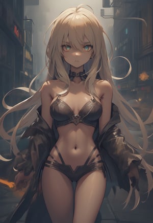 Amidst the flickering neon lights of a dystopian cityscape, a lone girl stands stoically, bathed in the harsh glow of a malfunctioning streetlamp. This haunting photograph captures the essence of a hyper-realistic holo-deck experience, where every detail is rendered with stunning clarity. The image, a digital painting, showcases the decaying beauty of a post-apocalyptic world, with crumbling buildings towering in the background and debris strewn across the road. The figure's tattered clothes and weary expression convey a sense of resilience in the face of desolation, inviting viewers to ponder the fragility of humanity in an unforgiving landscape.