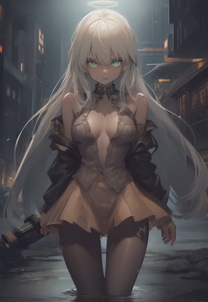 Amidst the flickering neon lights of a dystopian cityscape, a lone girl stands stoically, bathed in the harsh glow of a malfunctioning streetlamp. This haunting photograph captures the essence of a hyper-realistic holo-deck experience, where every detail is rendered with stunning clarity. The image, a digital painting, showcases the decaying beauty of a post-apocalyptic world, with crumbling buildings towering in the background and debris strewn across the road. The figure's tattered clothes and weary expression convey a sense of resilience in the face of desolation, inviting viewers to ponder the fragility of humanity in an unforgiving landscape.