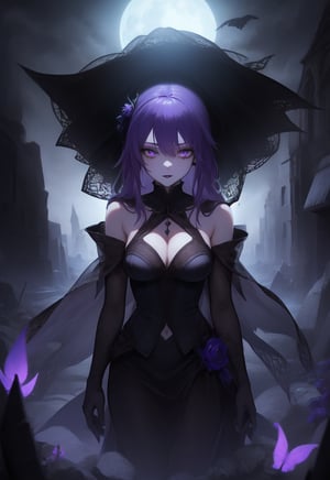 1girl, necromancer, dark robes, gloves, fishnets, dark veil, purple hair, purple eyes, black lipstick, in a graveyard, black flowers, gothic, horror, dynamic view