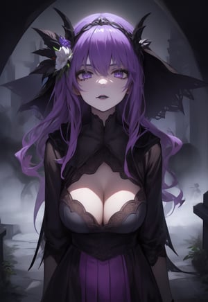 1girl, necromancer, dark robes, gloves, fishnets, dark veil, purple hair, purple eyes, black lipstick, in a graveyard, black flowers, gothic, horror, dynamic view