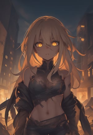 Amidst the flickering neon lights of a dystopian cityscape, a lone girl stands stoically, bathed in the harsh glow of a malfunctioning streetlamp. This haunting photograph captures the essence of a hyper-realistic holo-deck experience, where every detail is rendered with stunning clarity. The image, a digital painting, showcases the decaying beauty of a post-apocalyptic world, with crumbling buildings towering in the background and debris strewn across the road. The figure's tattered clothes and weary expression convey a sense of resilience in the face of desolation, inviting viewers to ponder the fragility of humanity in an unforgiving landscape.