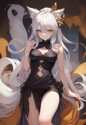 injured,torn_clothes,dirty,nine tails,woman,fox ears, silver hair,crystal and silver entanglement