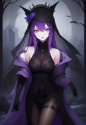 1girl, necromancer, dark robes, gloves, fishnets, dark veil, purple hair, purple eyes, black lipstick, in a graveyard, black flowers, gothic, horror, dynamic view