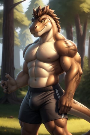 , Dinosaur,T-Rex, Yellow sclera,  (pose:1.3), (posing:1.3), (soft shading), 4k, hi res, five fingers, detailed hands, ((detailed face, (detailed eyes:1.3), detailed)), (full body), fortnite style, by zackarry911, by zaush, (by personalami:0.5) solo, looking at viewer, smile, Detailed background, no shirt, 1boy, Pre-Historic Forest background, Standing, full body,(Big dino, Bara Body, Big body),Muscle Body, male focus, shorts,Soccer shorts, Black shorts,Bulge, Tail, Brown Hair in chest, Brown and soft black scalie, Scar in snout, Sweat, Soccer Socks, Uniform soccer