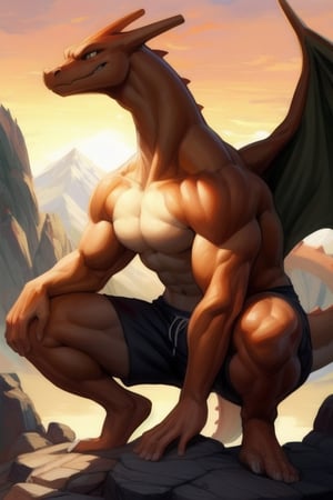 Solo, male, (dragon), charizard, squatting, mountain, rocks, golden hour, smirking, rape face, (((muscular))), shorts, by bebebebebe, humanoide feet, 