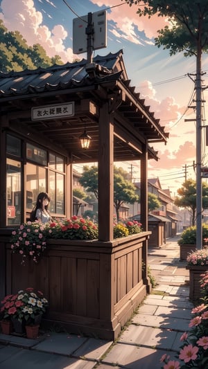 (, Masterpiece, hyper detailed,), detailed anime style, large kiosk on the corner of an intersection, trees and flowers on foreground, sunset slow beautiful movie atmosphere, 8k, ultra beautiful, detailed, detailed anime style. ,photorealistic