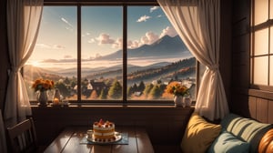 (, Masterpiece, hyper detailed,), detailed anime style,  "A cozy breakfast scene featuring a beautifully decorated cake on a wooden table. In the background, there's a large window draped with elegant curtains that have both sheer and opaque sections. The curtains gently billow inward as if caught by a soft breeze, creating a dynamic, atmospheric effect. On the windowsill, a vibrant orange pumpkin sits prominently, adding a touch of autumn charm. Outside the window, stunning rolling hills and mountains reminiscent of the UK countryside are visible. The morning sunlight filters through the curtains, casting a warm glow over the scene and highlighting the cake's intricate design and the natural beauty outside."


, 8k, ultra beautiful, detailed, detailed anime style. ,photorealistic