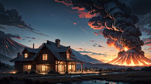 (, Masterpiece, hyper detailed,), hdr shot of a house close to road through volcano close to battlefield, detailed anime style. ,photorealistic