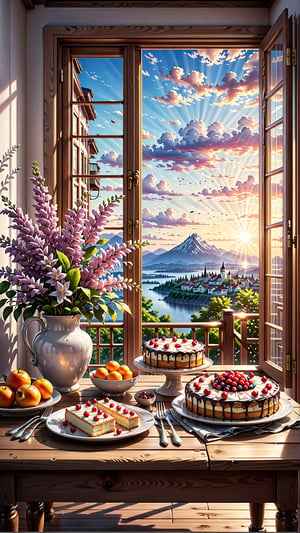 (Masterpiece, ultra detailed, hyper quality, best result) ,view from the outside of the white warm themed pastry shop, the sun's rays come through the window and the wind blows the curtains, on the table there is a cake pan with a white bizet cake with a red cherry in the center, also on the table there is a basket of fruit and a vase with lilacs ,High detailed ,firefliesfireflies,(best quality