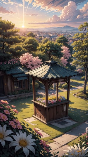 (, Masterpiece, hyper detailed,), detailed anime style, large kiosk on the corner of an intersection, trees and flowers on foreground, sunset slow beautiful movie atmosphere, 8k, ultra beautiful, detailed, detailed anime style. ,photorealistic